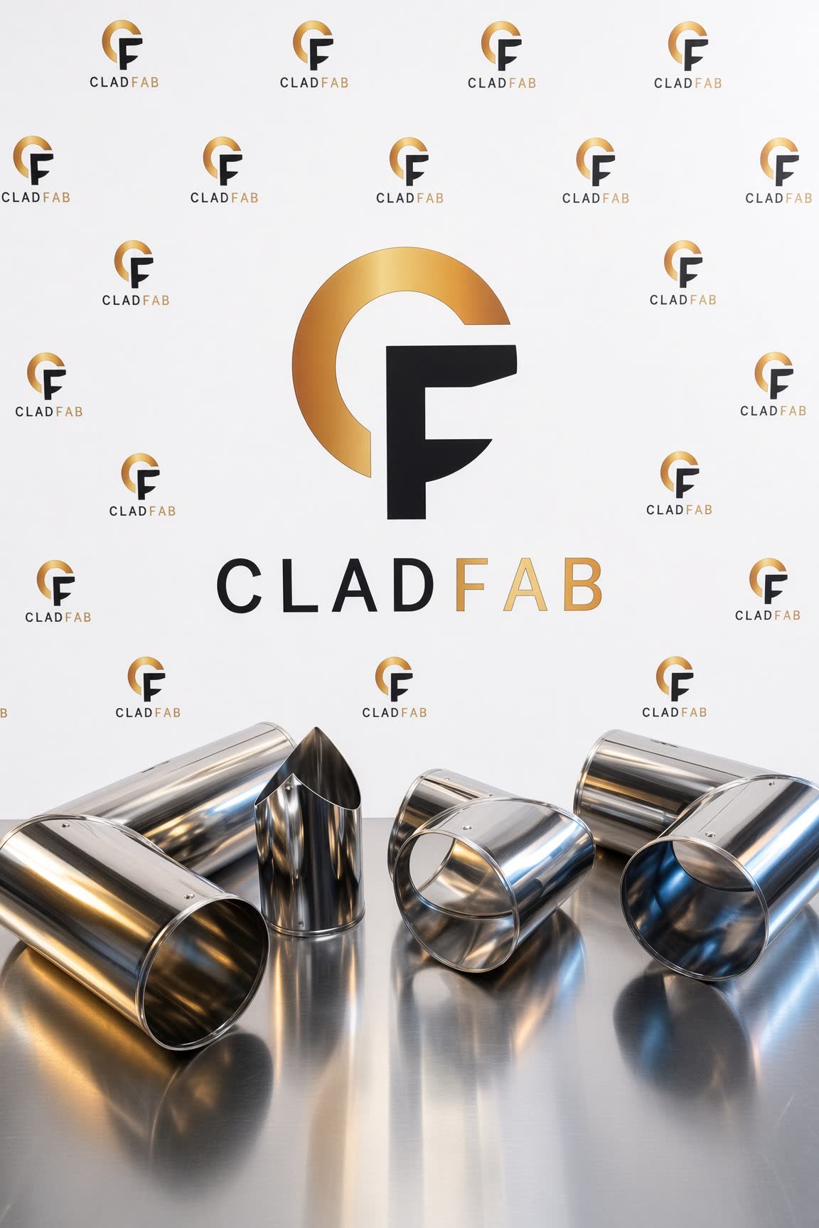 Mirror-polished cladding fittings made by CladFab, against the CladFab backdrop