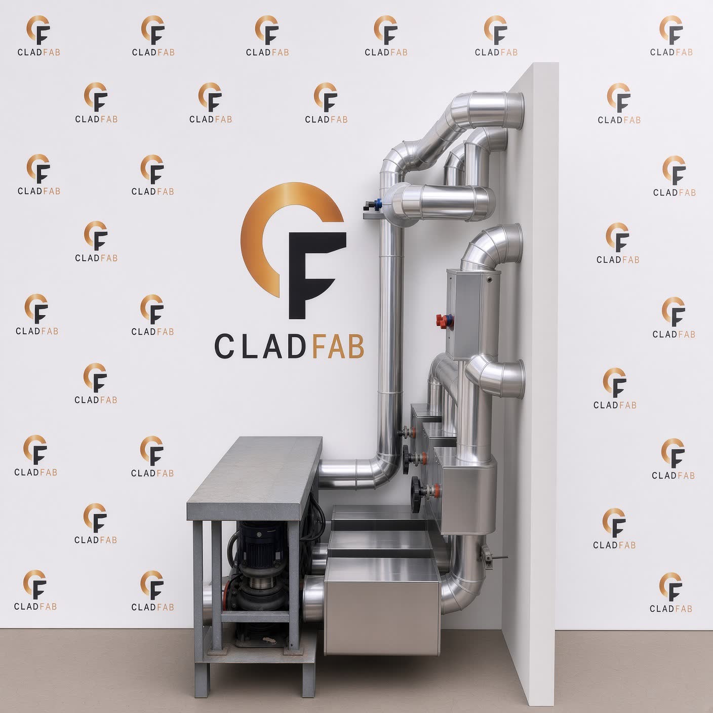 A clad pipework assembly by CladFab — bends, boxes and rectangular ducting — against the CladFab backdrop